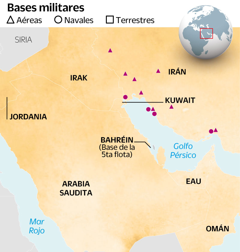 Principales bases, instalaciones y armamendo de EU e Irán